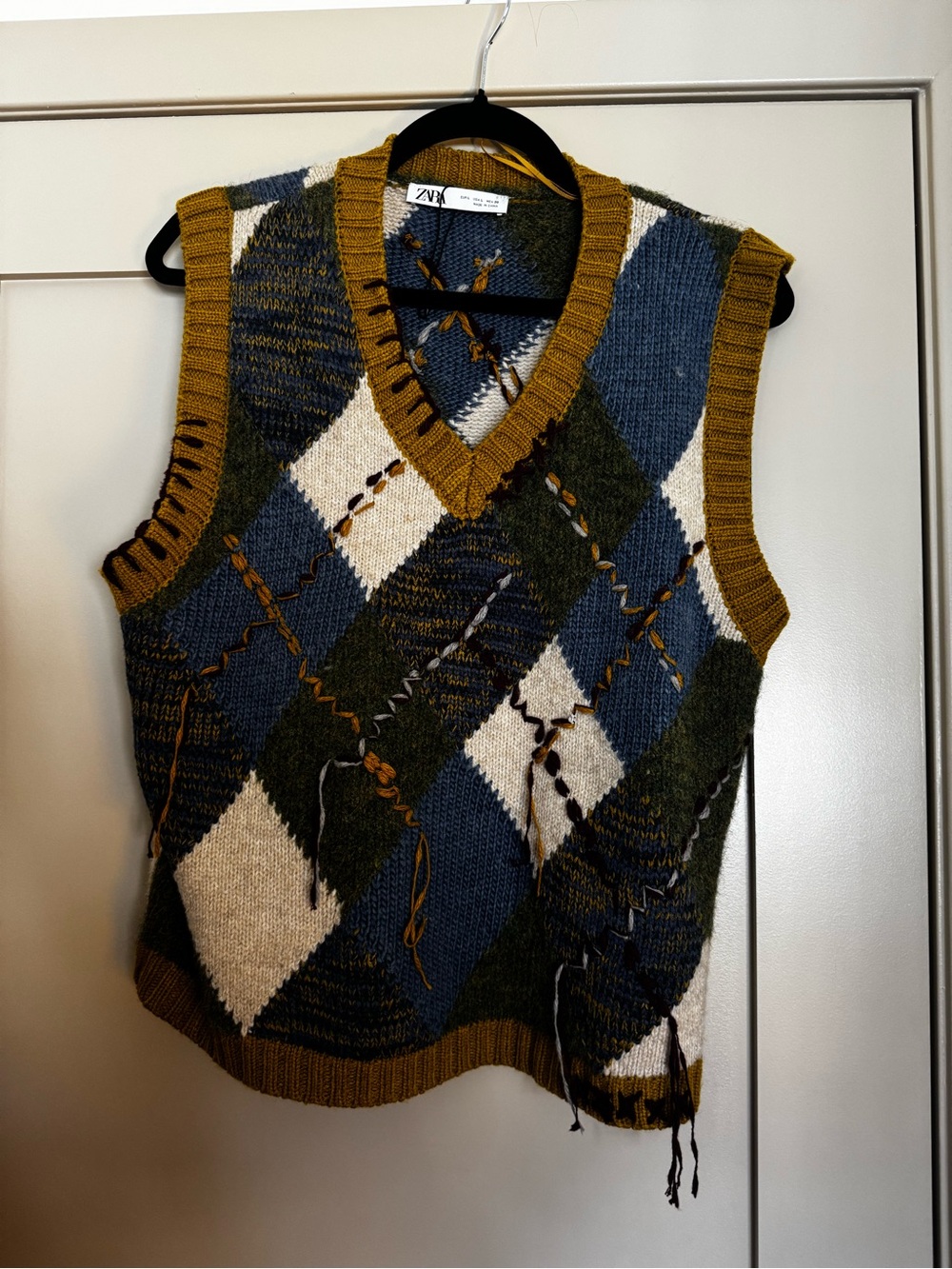 ZARA Olive Green, Blue & Cream Argyle V-Neck Knit Vest